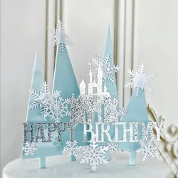 Topper per torta di buon compleanno Fiocco di neve Decorazione per torta castello Acrilico Blu Albero di Natale Cupcake Toppers Decorazione Cottura