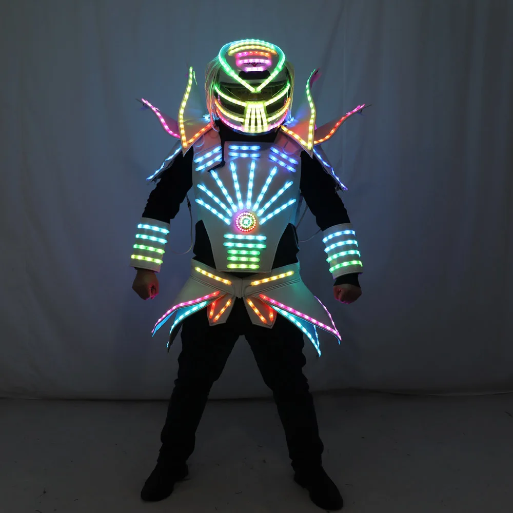 Full Color LED Robot Suit Party Performance Wears Armor Suit Colorful Light Clothe Club Show Outfits With Helmet Laser Gloves