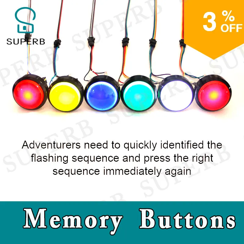 escape room prop memory button  fastly remember and catch the sequence of the flashing button  to run away from  mysterious room