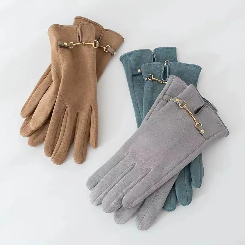 Women winter Plus Velvet Thick Warm Suede Leather Touch Screen Mittens Female Enegant Chain Driving Gloves Ladies