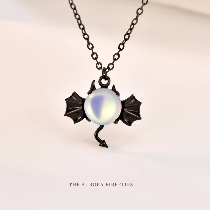 S925 Sterling Silver Demon Necklace Women's Dark Bat Moonstone Pendant Halloween Jewelry