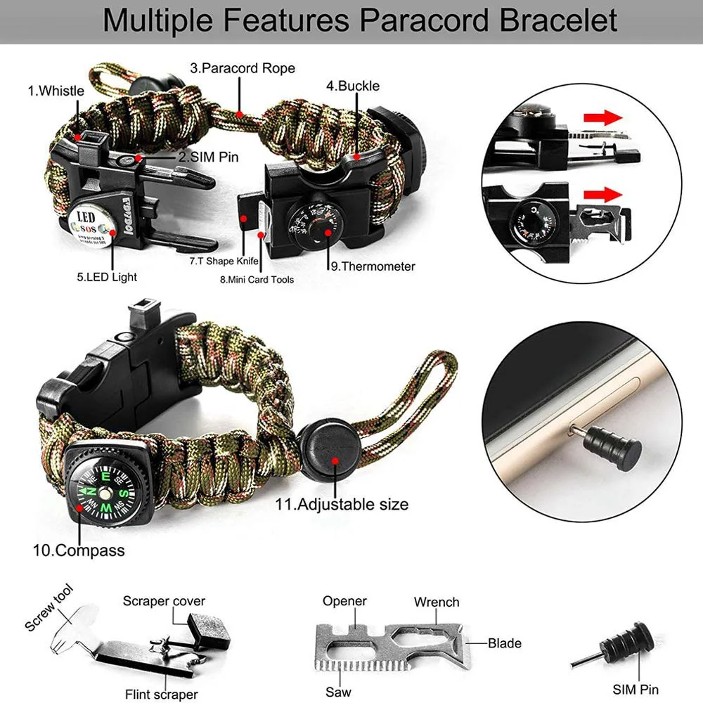 Outdoor Survival Paracord SOS LED Light Emergency Knife Whistle Compass Outdoor Multifunctional Tools for Camping Wristband