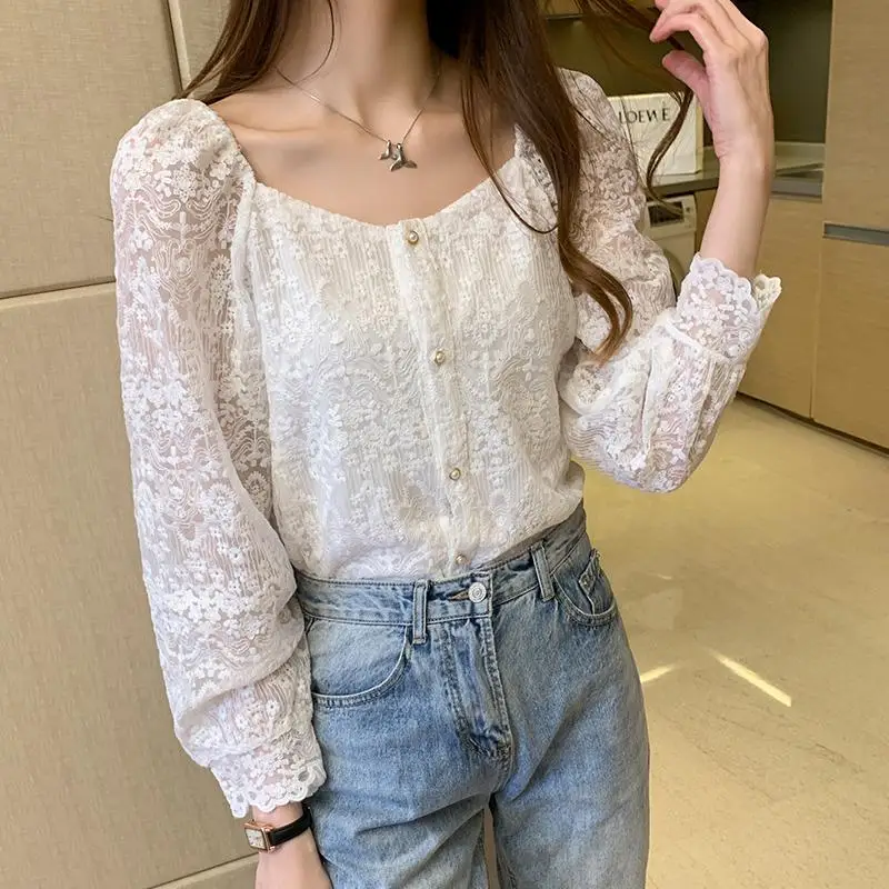 White Lace Tops 2020 Fall Autumn Long Sleeve Single Breasted Button Basic Shirts Preppy Style Women Hollow Out Crochet Lace Top