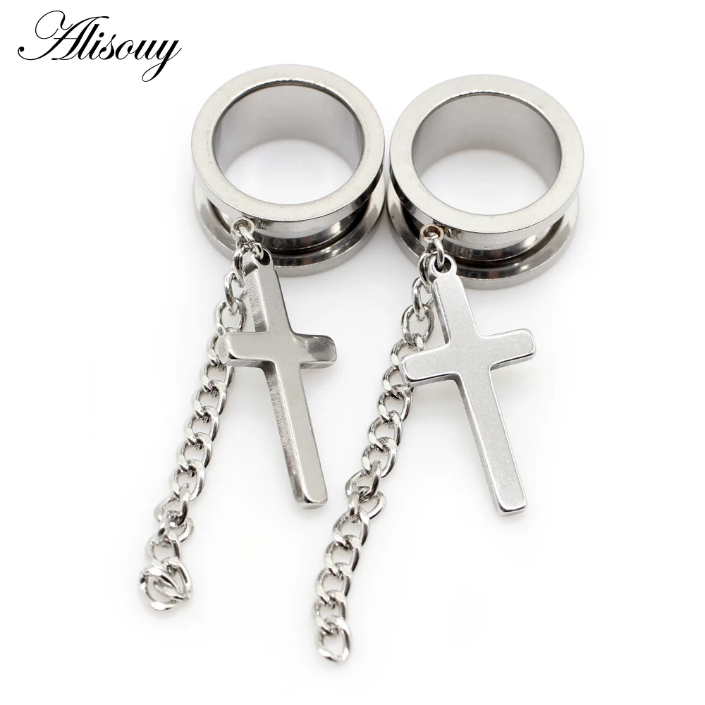 Alisouy 2Pcs Ear Piercing Dangle Cross Ear Plugs and Tunnels Stainless Steel Oreja Gauges 6-25mm Ear Expander Punk Body Jewelry