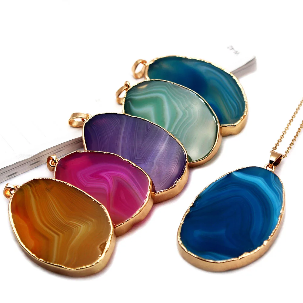 Irregular Natural Stone Quartz Druzy Agate Slice Pendant Necklaces for Women Reiki Healing Crystal with Gold Edge