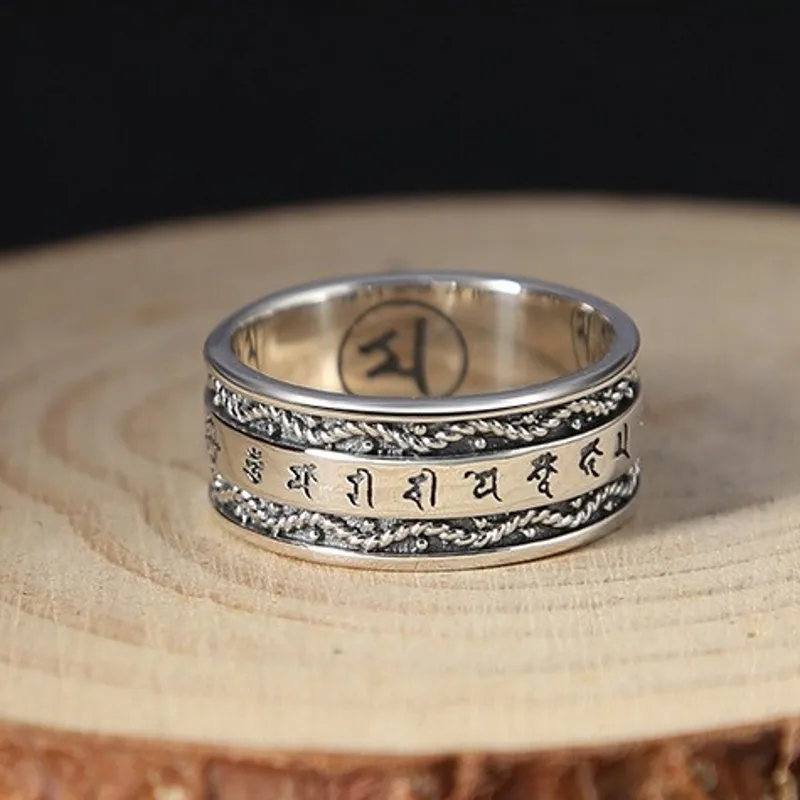 BOCAI New 100% Real S925 Pure Silver Fashion Jewelry Buddhist Six-Character Mantra Couple Rring Retro Thai Good Luck