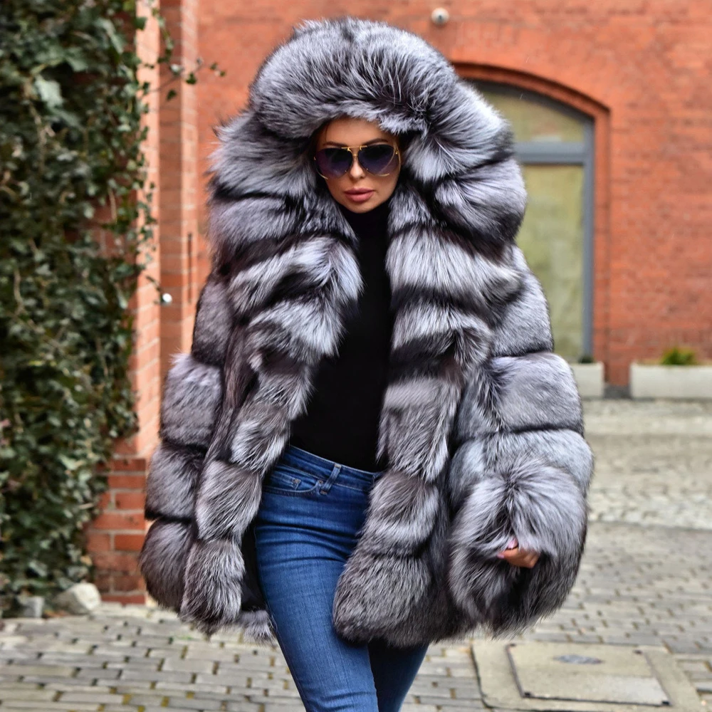 Winter Fashion Real Silver Fox Fur Jacket Medium Length Whole Skin Genuine Silver Fox Fur Coat with Big Hood Warm Fur Overcoats