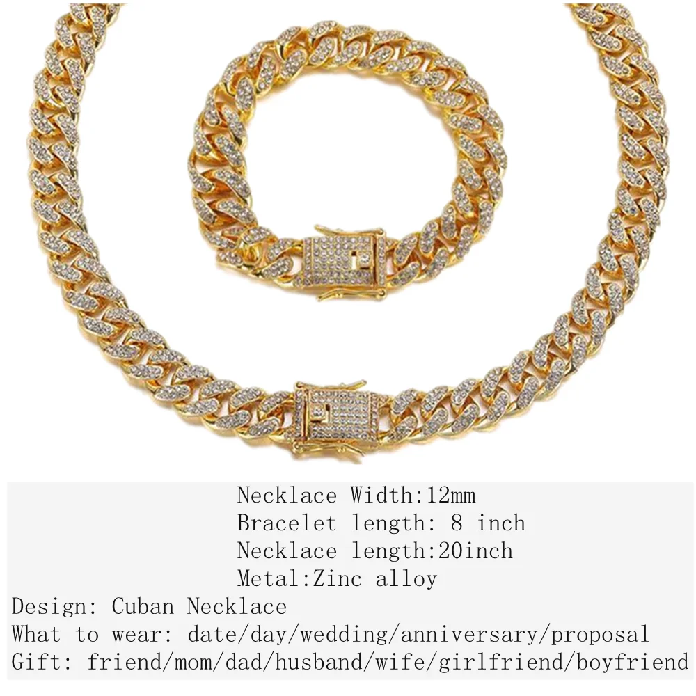 Iced Out Watch for Men Women Hip Hop Rapper Miami Cuban Chain Big Gold Chain Necklace Paved Rhinestone Bling Men Jewelry Set 3pc