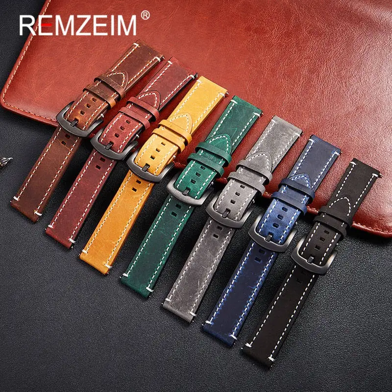 REMZEIM Crazy Horse Calfskin Leather Watch Band 18mm 20mm 22mm 24mm Straps Watchbands Dark Brown Gray Black Blue Green Belt