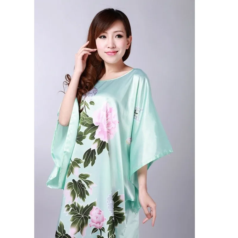 New Arrival Light Blue Female Silk Rayon Nightwear Summer Lounge Robe Dress Home Wear Kimono Bath Gown Flower One Size