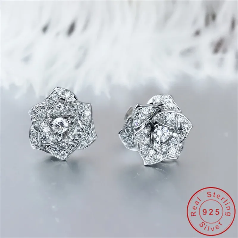 Kwiat diament stadnina kolczyk prawdziwe 925 sterling silver biżuteria 24K złota zaręczynowe kolczyki ślubne dla kobiet prezent ślubny