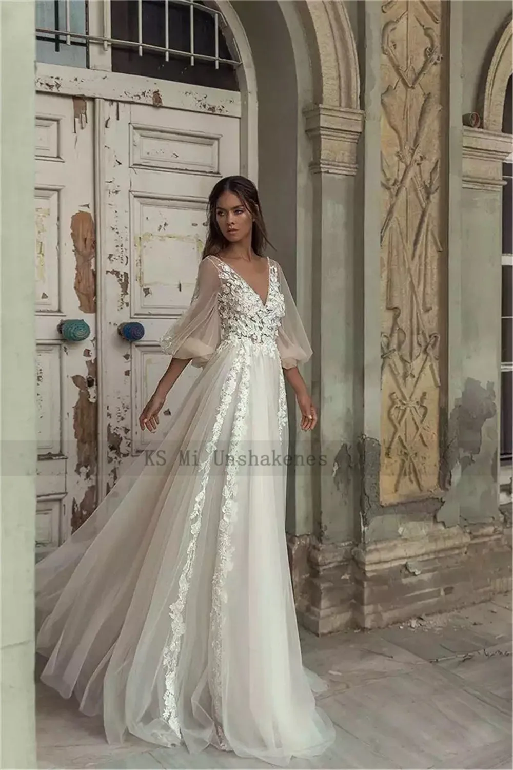 Ivoor Elegant 2022 Wedding Dresses Floor Lengte Kant Vintage Bruid Jurk V-hals Puff Lange Mouwen Bruidsjurken Bohemian Casament