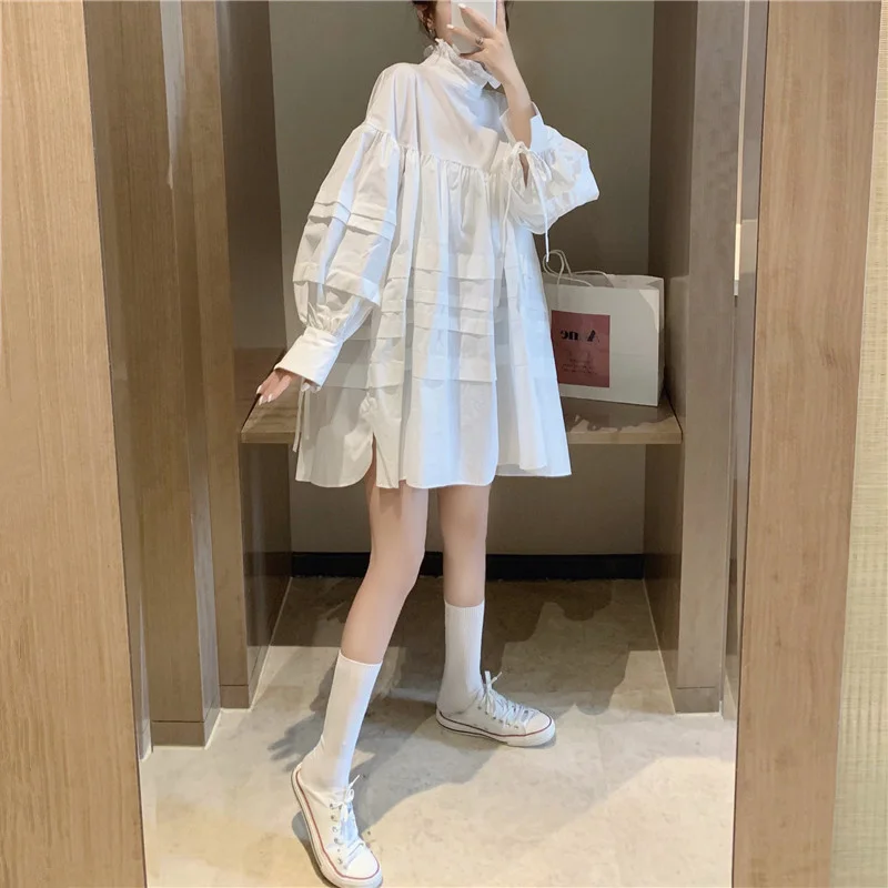 Vintage Frilly Stand Collar Lantern Sleeve Babydoll Dress Kawaii Spring Autumn Women A-Line Oversize Ruffle Short Dress White