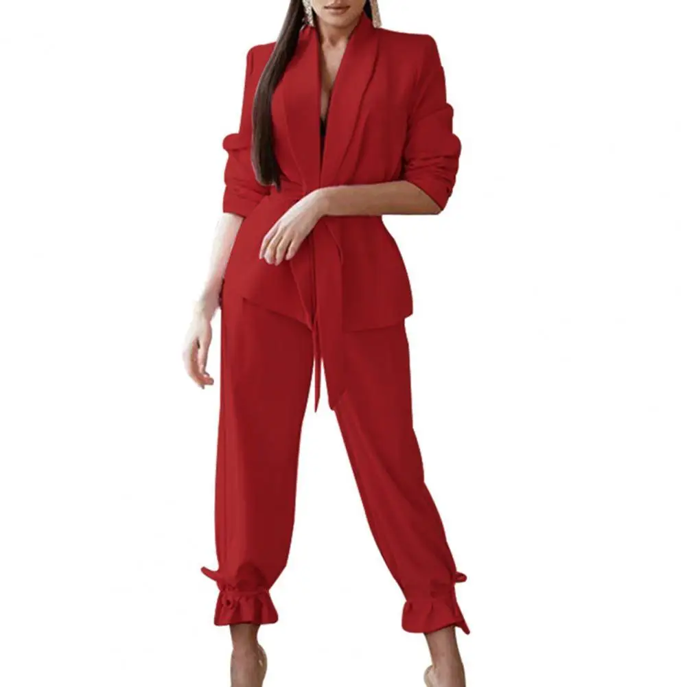 

Women Formal Blazer Suit Lace-up Ruffles Ankle Tied Outfits 2021 Autumn Winter Office Lady Blazer Coat Pants Set Streetwear