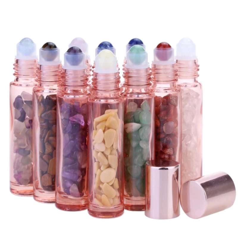 500pcs 10ML Empty gem Roller bottles Essential Oil glass bottle transparent Rose gold Thick gemstone jade crystal bottle