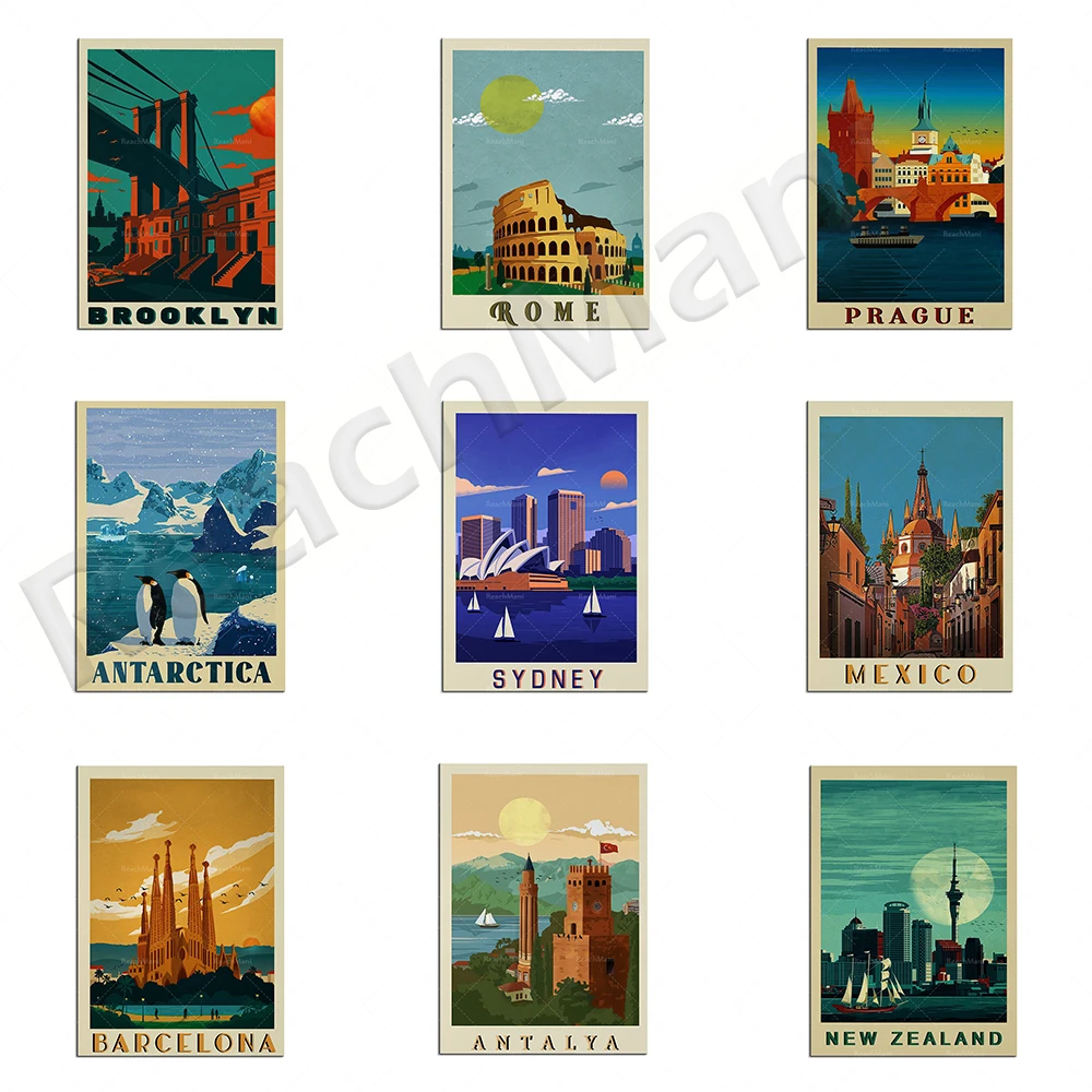 

Brooklyn, Barcelona, Sydney, Rome, Munich, Mexico, New Zealand, Antalya, Prague, Antarctica city travel poster canvas printing