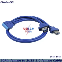 50cm Dual USB 3.0 A Female 2 Ports to USB 3.0 20Pin Female Computer Motherboard Installation Cable With Screw Hole Adapter