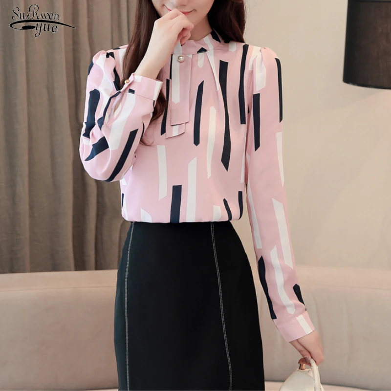 

New 2023 Fashion Stand Collar Blouses Slim Fit Office Lady Clothing Blouses Women Long Sleeved Printed Blouse Women Top 6403 50