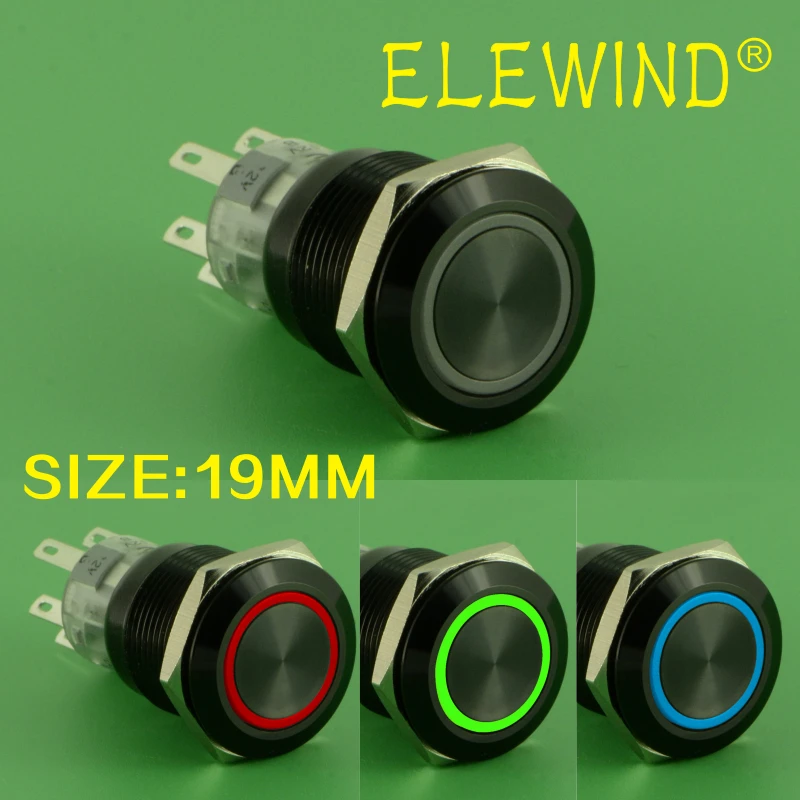 ELEWIND 19mm black aluminium or Stainless steel  3 led color ring illuminated push button switch(PM192F-11E/J/RGB/12V/A )