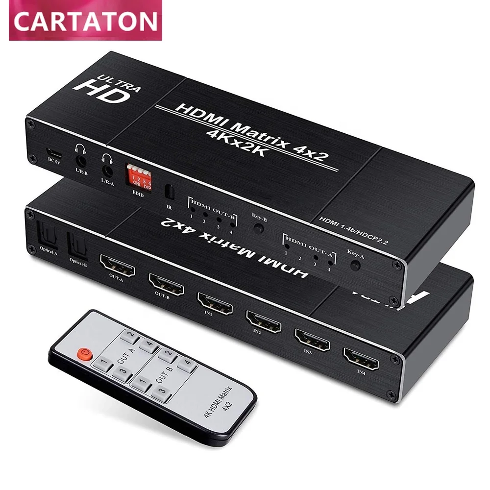 4K 4x2 HDMI Matrix Switch 4 in 2 Out Matrix HDMI Video Switcher Splitter with Optical L/R Audio Extractor EDID IR Remote