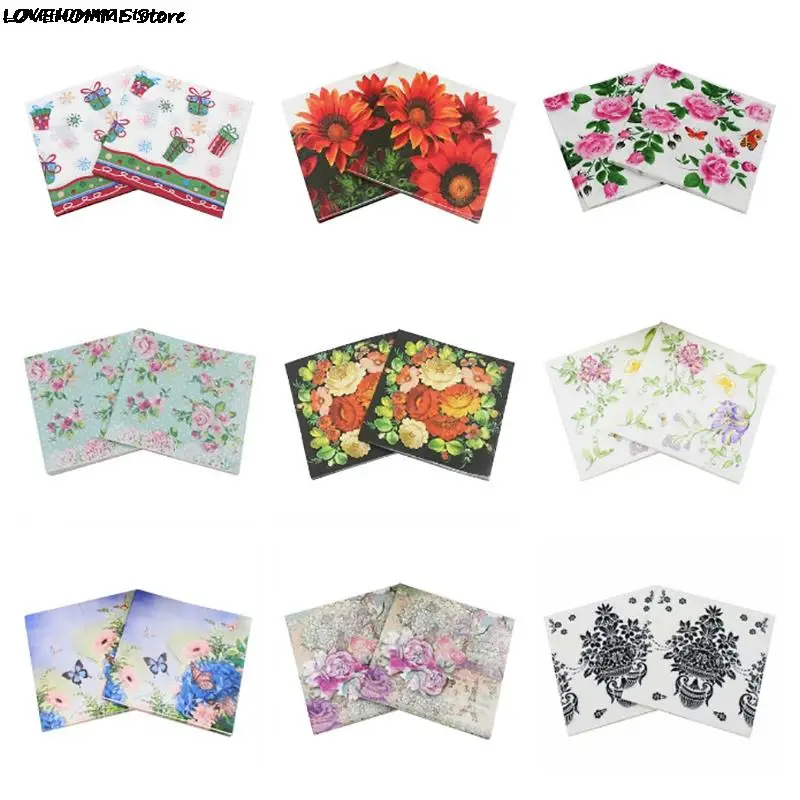 20Pcs/Pack Napkins Paper Flower Pattern Decoupage Napkin Paper Tissue for Xmas Wedding Decor Party Table Supplies Wholesale