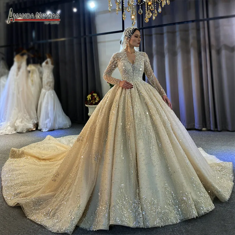 Customized Full Pearls Luxury Wedding Dress With Long Train Amanda Novias