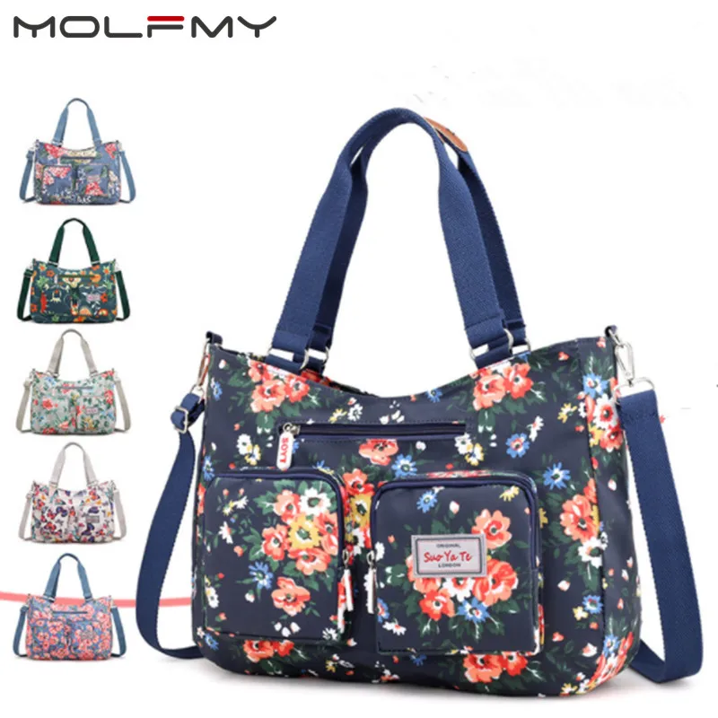 Bolsa de Nylon impermeável impressão flor para mulheres, Sacos de Viagem de Grande Capacidade, Multi-bolsos, Bolsa de Ombro Única, Dropship