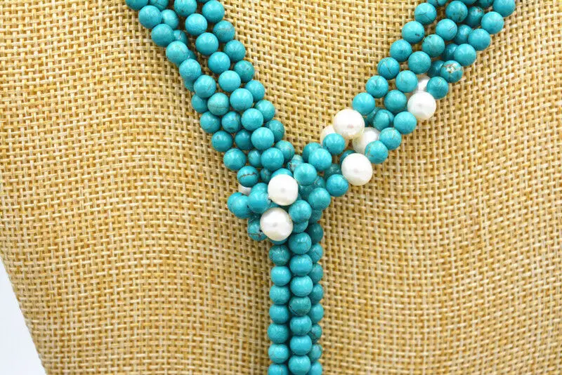 

Fashion Beautiful 6mm turquoise white cultured pearl necklace 50 "AAA