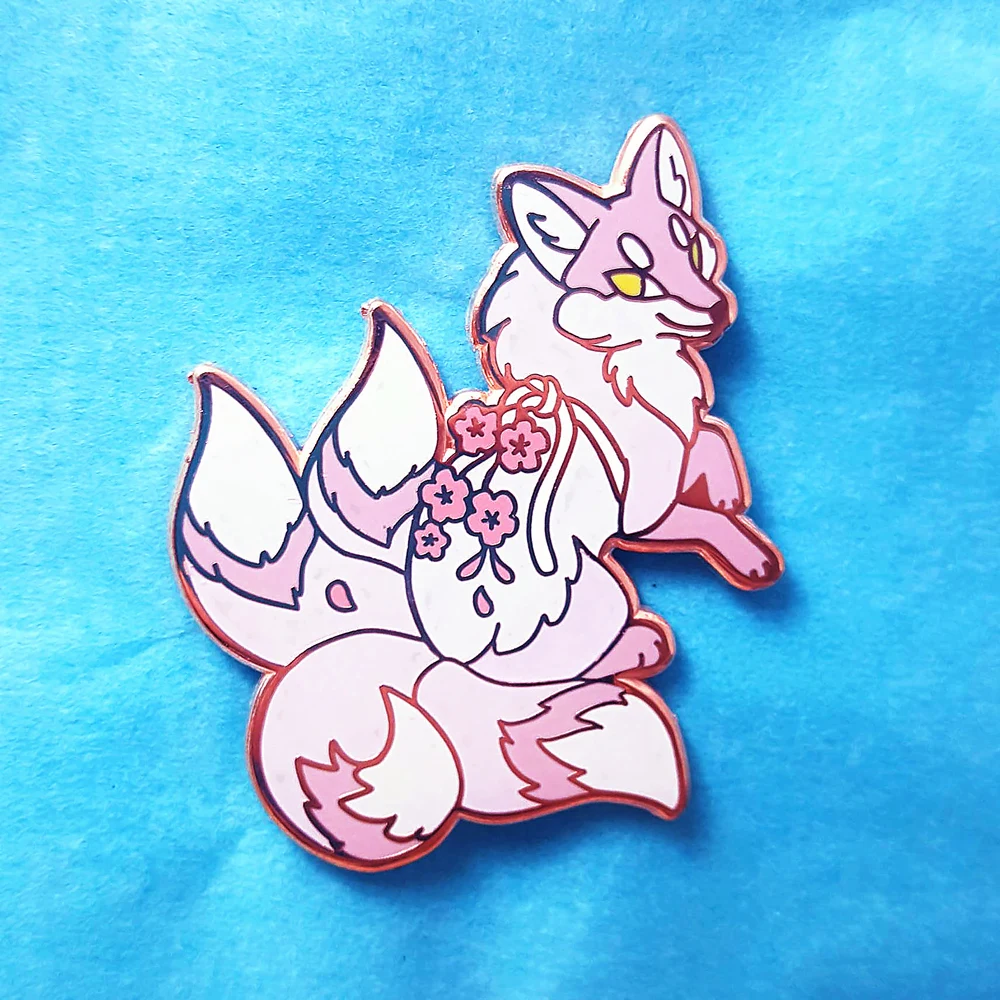 

Charm Four Tailed Flower Fox Hard Enamel Pin Cute Cartoon Plant Pastel Sakura Brooch Japanese Unique Fashion Kitsunes Badge