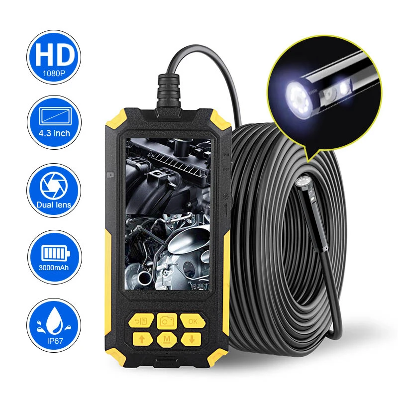 7.9mm 4.3 Inch IPS Screen Dual Lens 1080P HD Borescope Inspection Camera IP67 Waterproof Hard Wire With 6 LEDS 3000mAh Camera