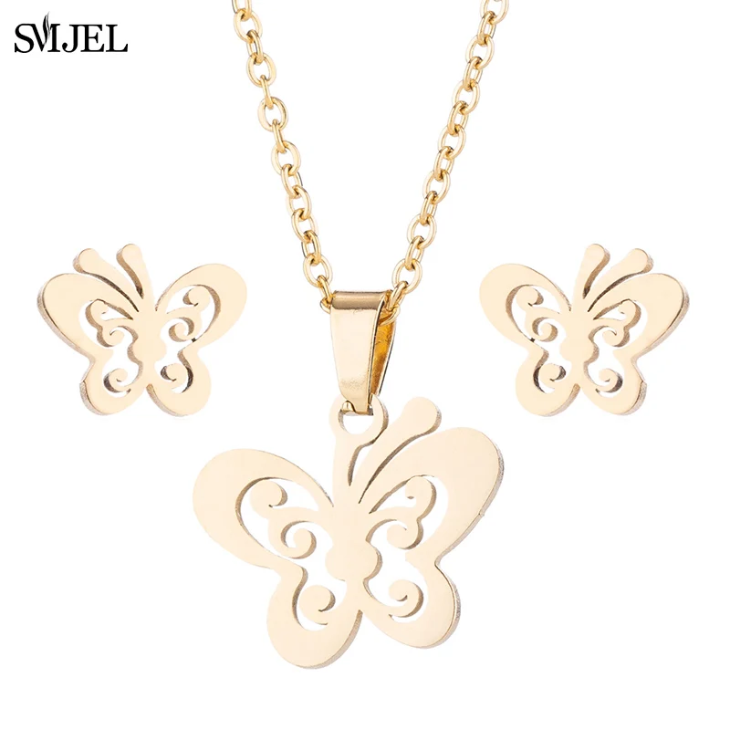 Cute Stainless Steel Butterfly Necklace & Earrings Set