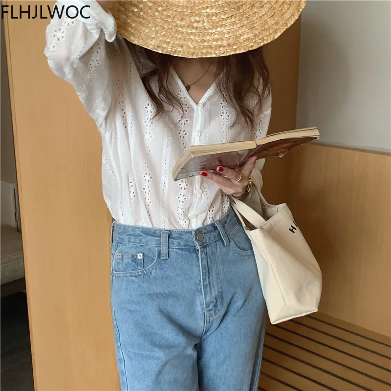 2021 Cute Sweet Girls Japanese Style Preppy Feminine Women Chic Tops Single Breasted Button White Cotton Lace Shirts