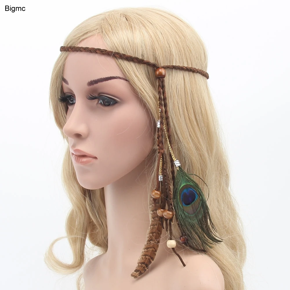 New Women Peacock Feather Headband Bohemian Indian Bride Headband Wooden Bead Twieted Hair Band Hair Jewelry A5022