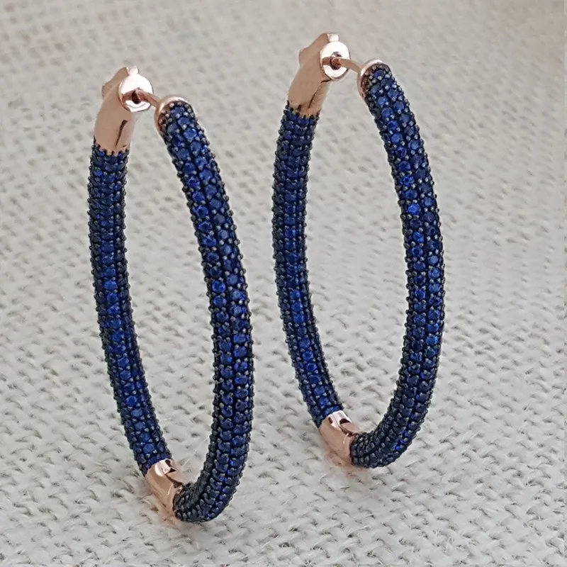 Sapphire Hoop Earrings 925 Silver Huge Navy Blue Luxury Earrings Earrings for Women серьги женские