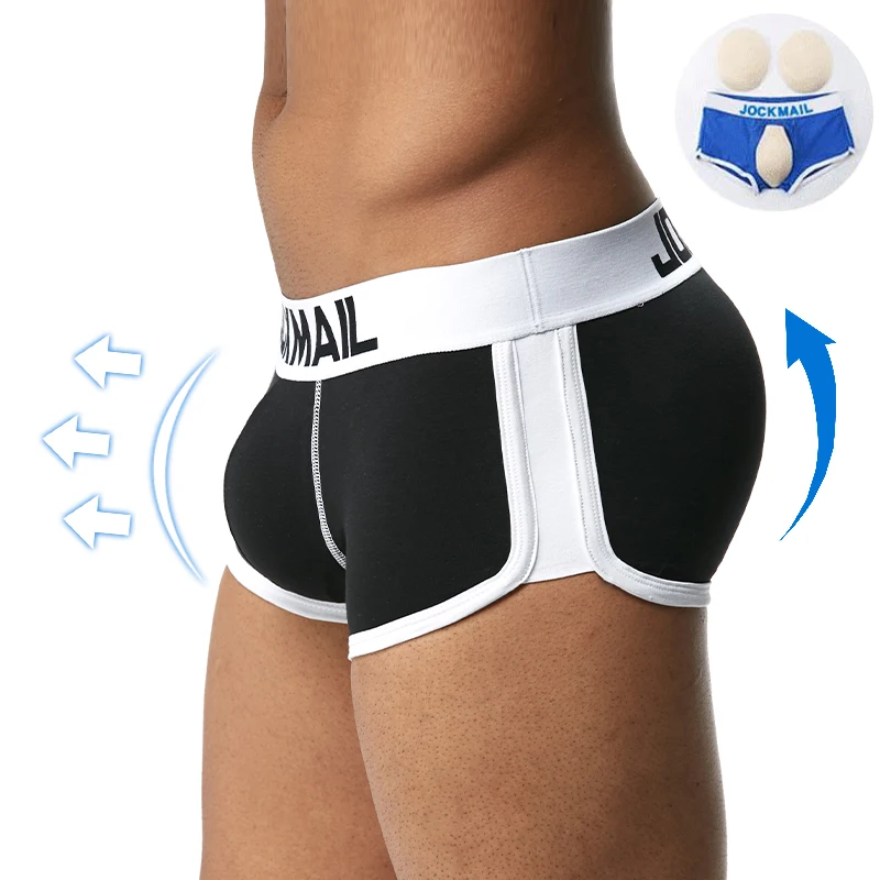 JOCKMAIL Sexy Men\'s Padded Boxer Shorts  Cotton Push UP Gay Underwear Butt Enhancer Soft Trunk include pads Front & Back