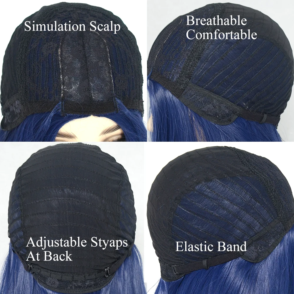 Voguequeen Dark Blue Straight Synthetic Wigs Full Machine Made Wigs Heat Resistant Fiber Cosplay For Women