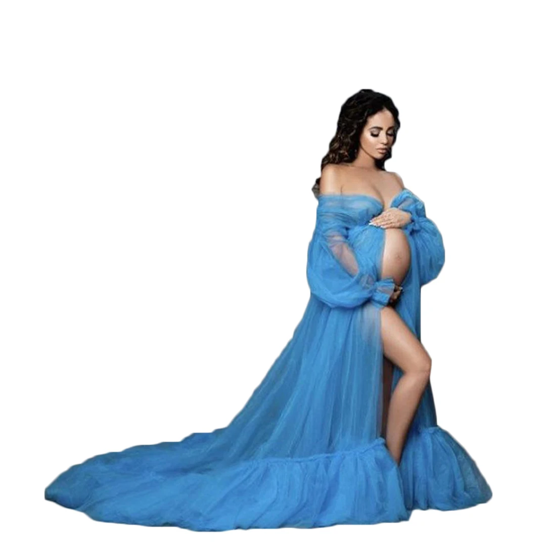 

Summer Beautiful Tulle Maternity Robe For Photo Shoot Custom Made Women Ruffled Tulle Maternity Dresses Maternity Gowns