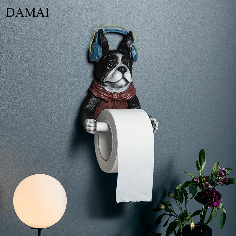 Painted French Bulldog Tissue Holder Modern Simple Animal Decorative Restroom Paper Towel Stand Bathroom Decoration Accessories