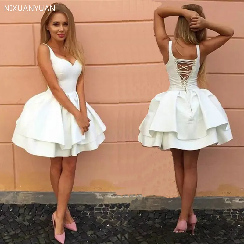 White Homecoming Dress 2023 Sleeveless V Neck Popular Junior Cross Back Short A-line Freshman Graduation Dress Mezuniyet Elbise