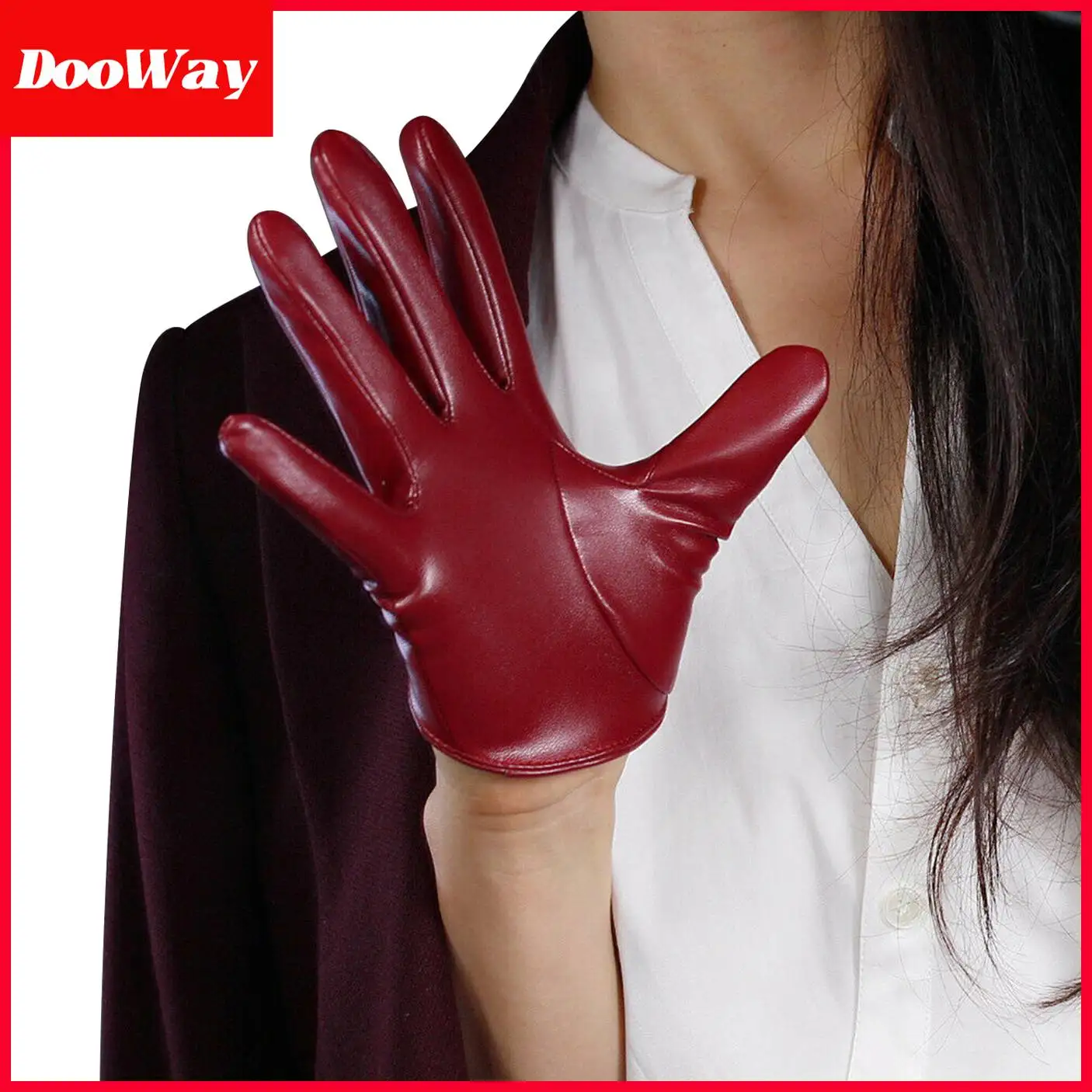 DooWay Women's Burgundy Latex Gloves Extra Short Half Palm 5-inch Faux Lambskin PU Dark Red Party Cosplay Evening Dressing Glove