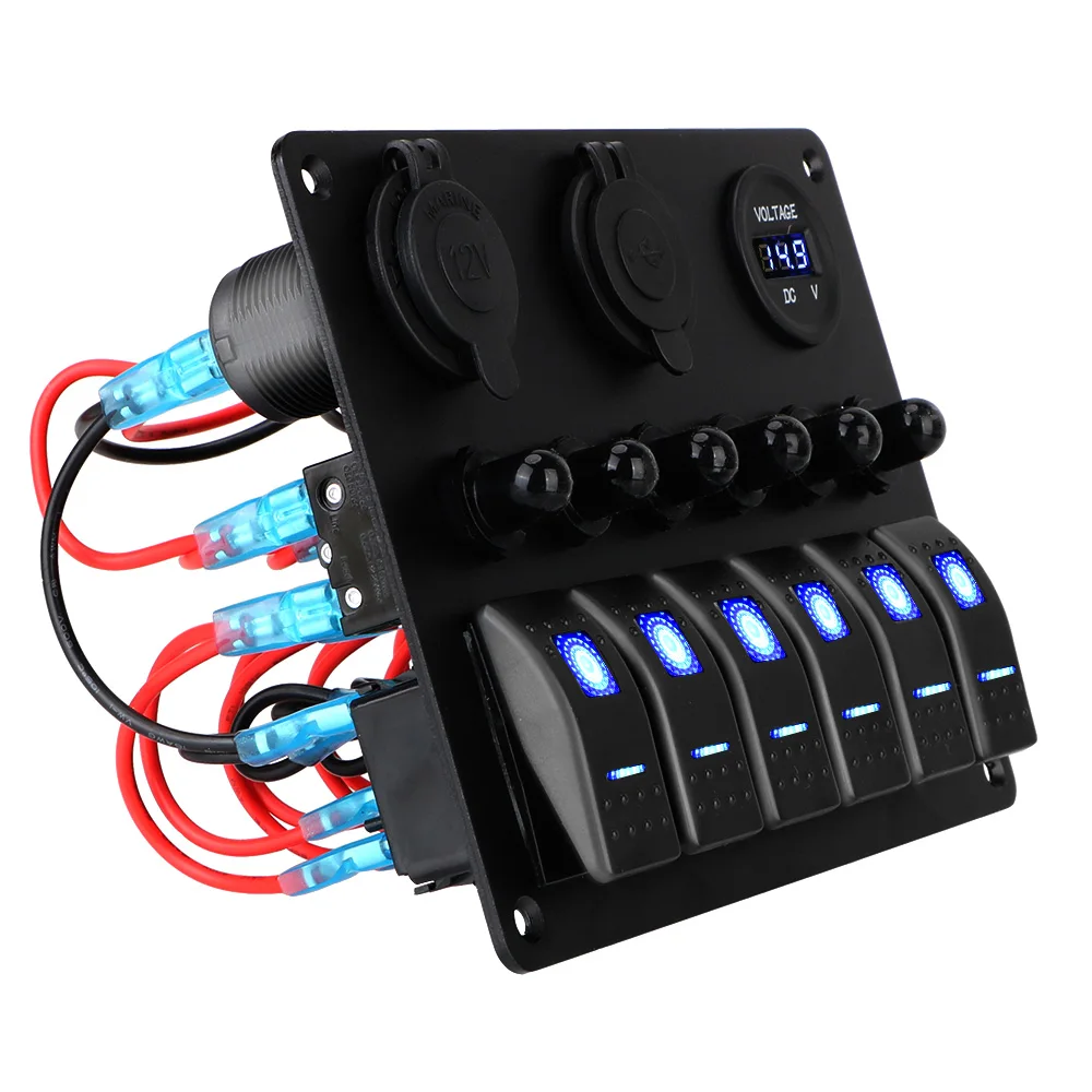 DC 12V/24V Dual USB Ports 6 Gang Rocker Switch Panel Car Marine Boat Circuit LED Breaker Digital Voltmeter Aluminum Panel