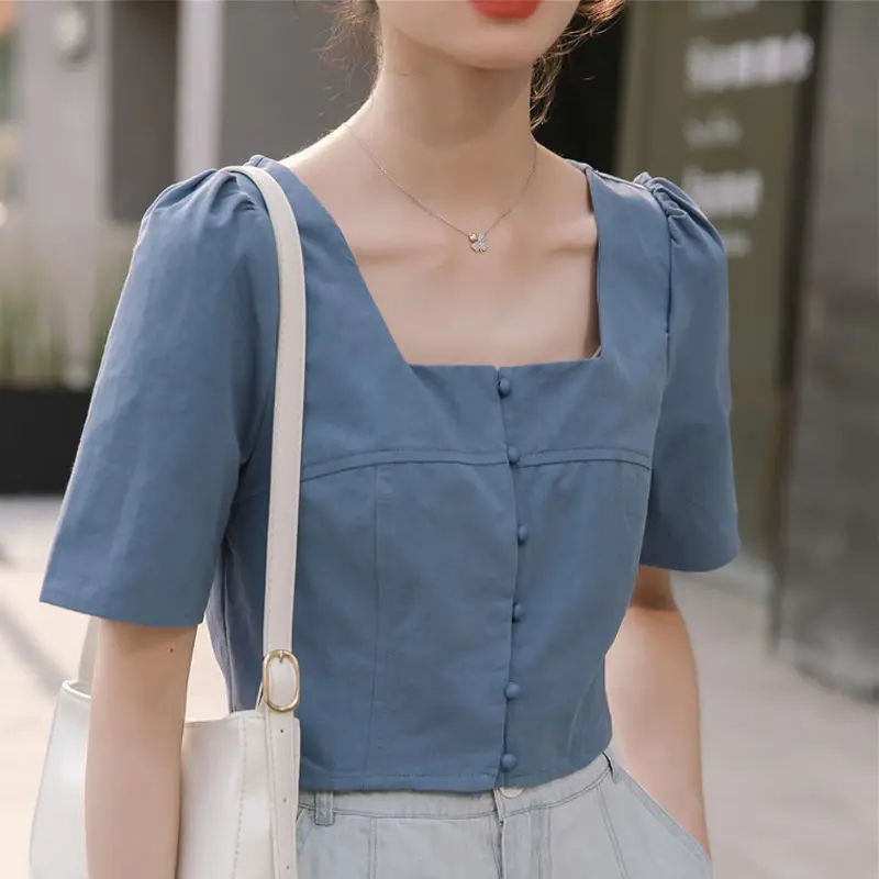 Blouses Women Korean Square Collar Lovely Design College Girls Blouse Slim Single Breasted All-match Sweet Summer Femme Crop Top