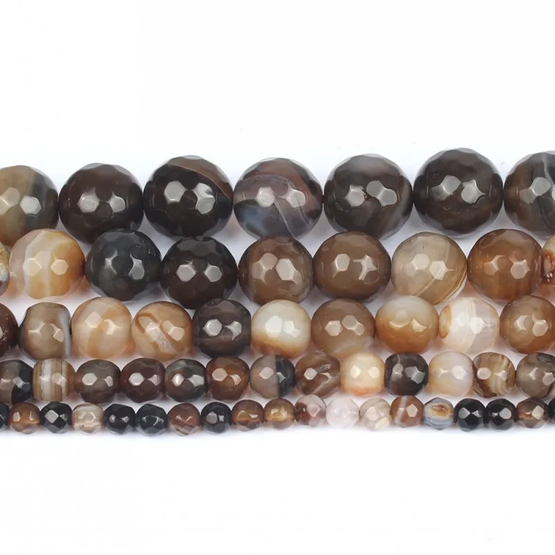 Natural Stone Faceted Coffee Striated Agates Loose Spacer Beads For DIY Jewelry Making Bracelet Accessories 15\'\' 4 6 8 10 12mm