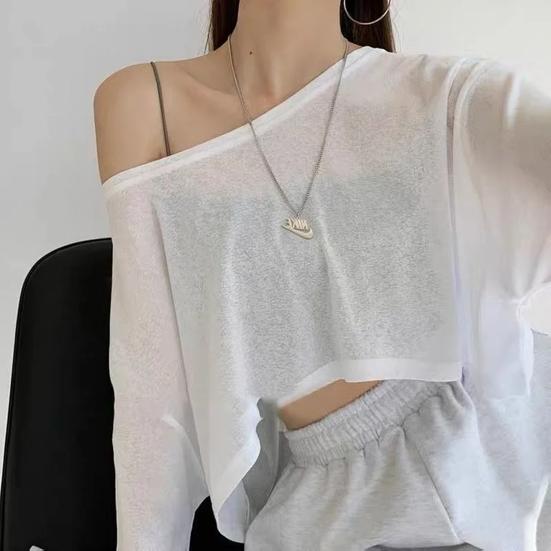 T-shirts Women Solid Loose Fashion Casual Ulzzang Chic Summer Sheer Top Lady Students Stylish Streetwear Cool BF Tees Sun-proof