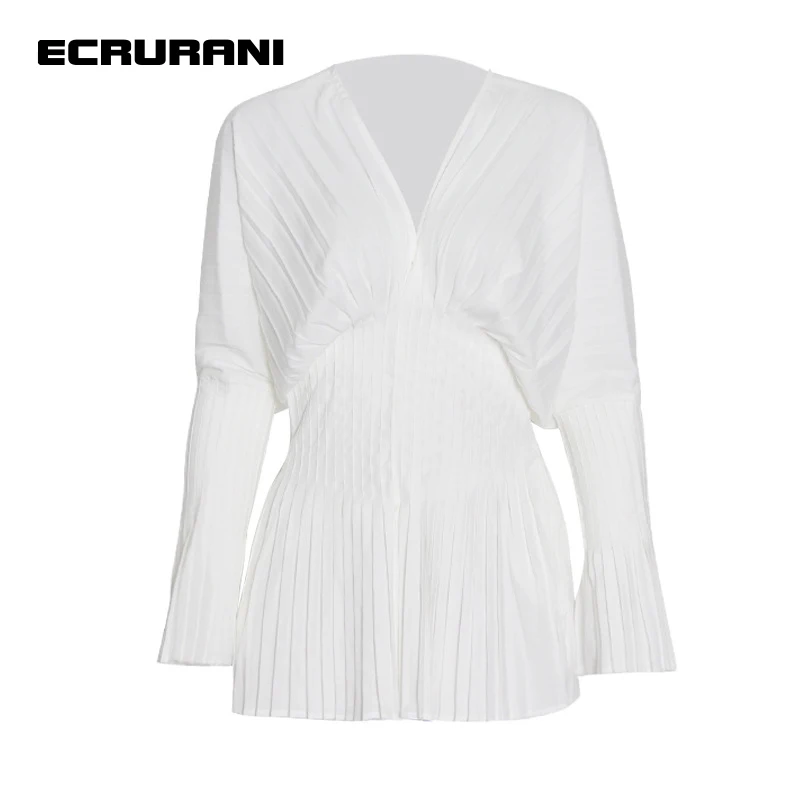 

ECRURANI White Casual Shirts For Women V Neck Flare Long Sleeve Patchwork Pleated Blouses Females Summer Clothing 2022 New Style