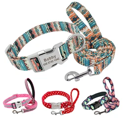 Personalizado Nylon Dog Collar e Leash Set, Reflective Nylon Pet Coleiras, Gravado ID Tag para cães de pequeno e grande porte, Pitbull