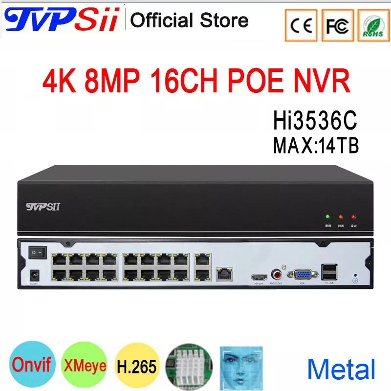 

Face Detection Metal Hi3536C Max.14TB Xmeye 4K 8MP 16 Channel 16CH H.265+ Audio IP POE Onvif CCTV DVR NVR Video Recorder