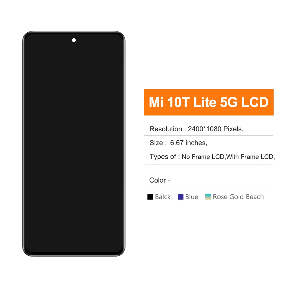 For Xiaomi Mi 10T Lite 5G LCD Display Touch Screen Assembly For Mi10T Lite M2007J17G LCD Display Replace, with Frame