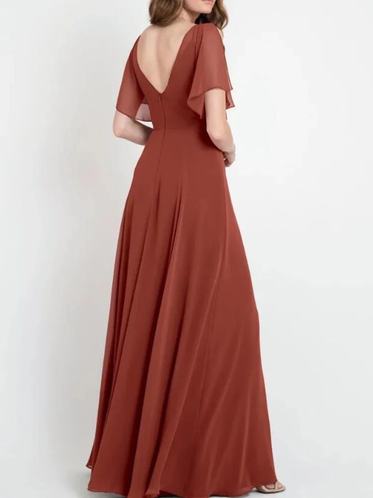 Terracotta Chiffon Bridesmaid Dress Summer Style Side Split Long Wedding Party Dresses