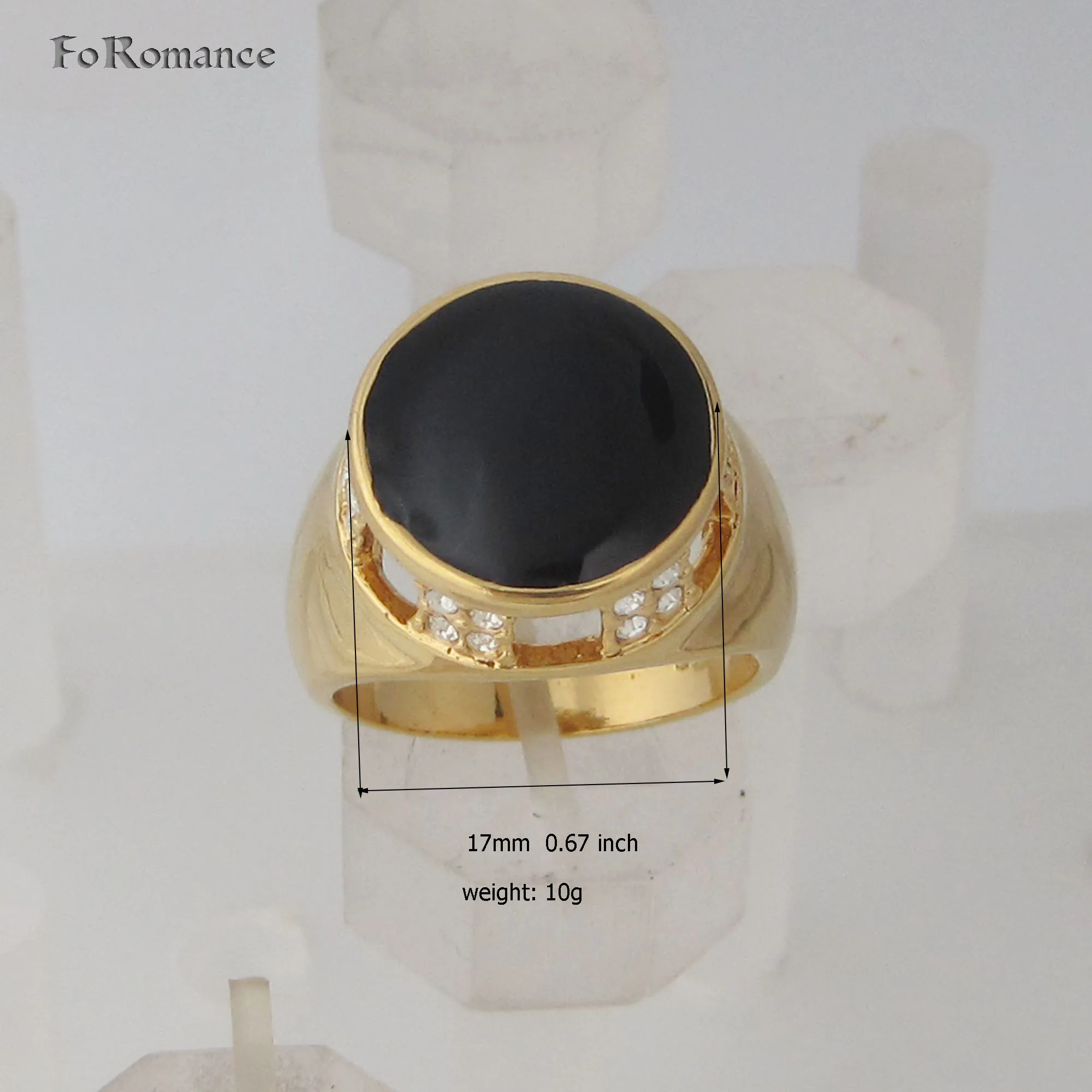 YELLOW GOLD PLATED FILLED WITH BRASS ROUND FACE BLACK ENAMEL SHINNING CZ STONE DECORATED  SIZE 7 8 10 11